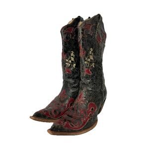 Corral Boot Women 6.5M C2115 Vintage Black Distressed Leather Red Lizard Inlay
